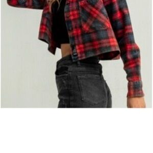 Plaid Cropped Jacket - Red and Black